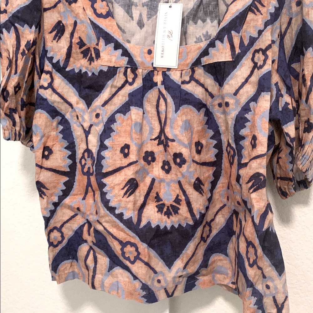 Never a Wallflower Blue Boho Print Short Sleeve Linen Blouse - Picture 3 of 9